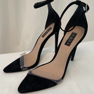AQUA BLACK STRAPPY HEELS WITH CLEAR POINTED TOE STRAP SIZE 7.5